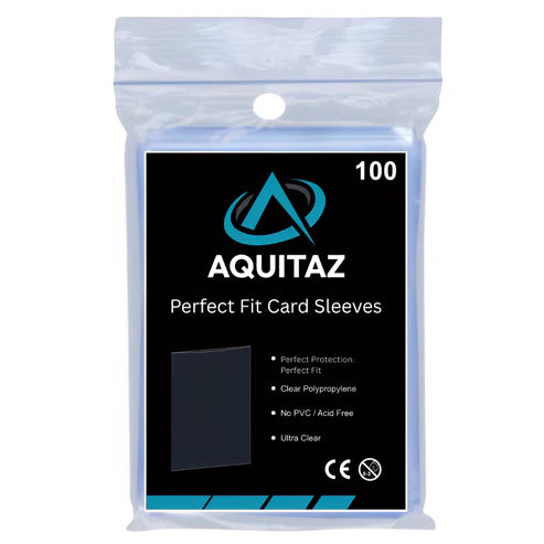 Pack of Aquitaz perfect fit card sleeves with clear packaging on a white background