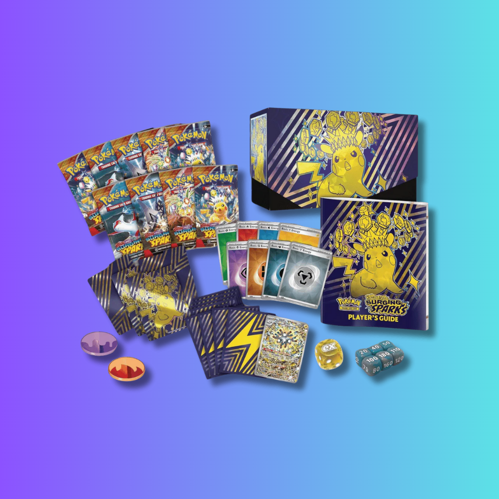 Collection of Pokémon trading cards and accessories on a gradient blue background