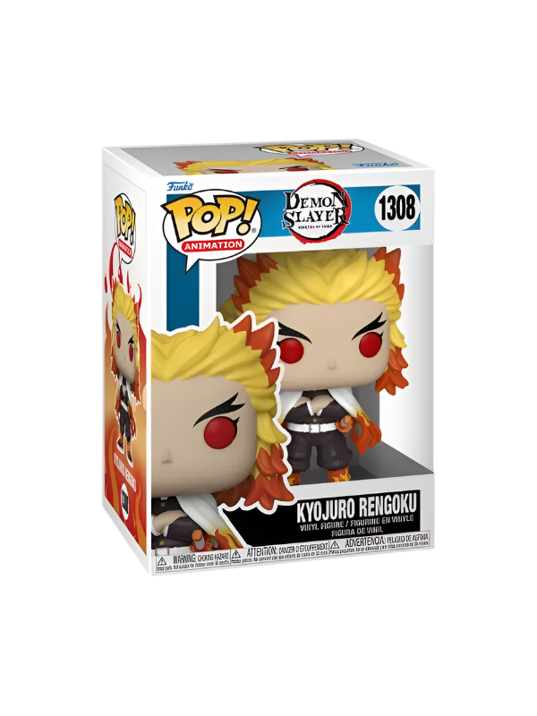 Funko Pop! Kyojuro Rengoku #1308 figure in window display box, featuring the character from Demon Slayer with flame-like hair and a signature haori.