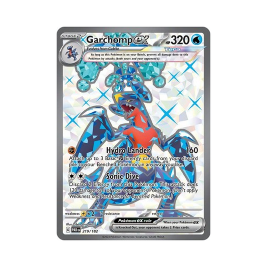 Pokémon trading card featuring Garchomp ex on a white background