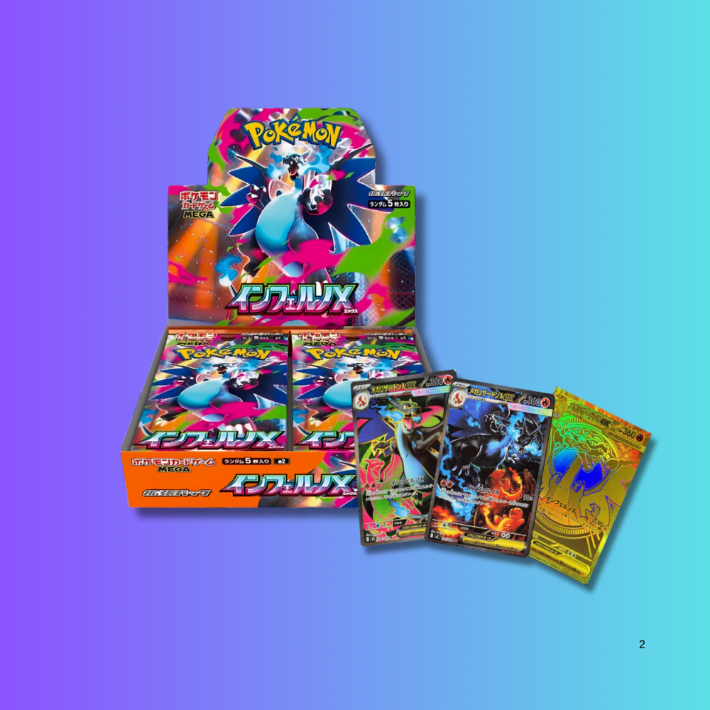 Pokémon trading card game packaging and cards on a gradient background
