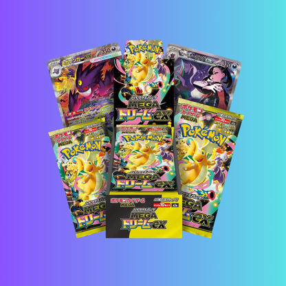 Collection of colorful Pokémon trading card packs on a gradient background