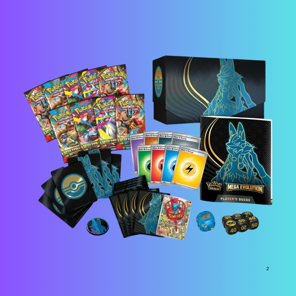 Collection of trading cards, packaging, and dice on a gradient blue background