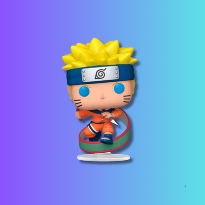 Funko Pop! vinyl figure of a character with yellow spiky hair and blue headband on a gradient purple and blue background.