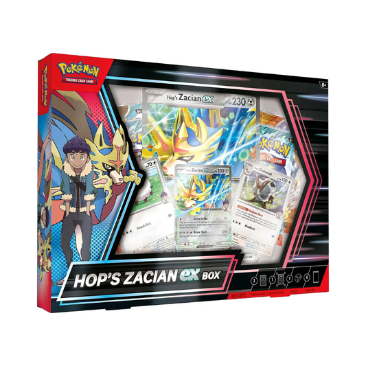 Pokémon trading card game box featuring Hop's Zacian ex with character illustration on a white background