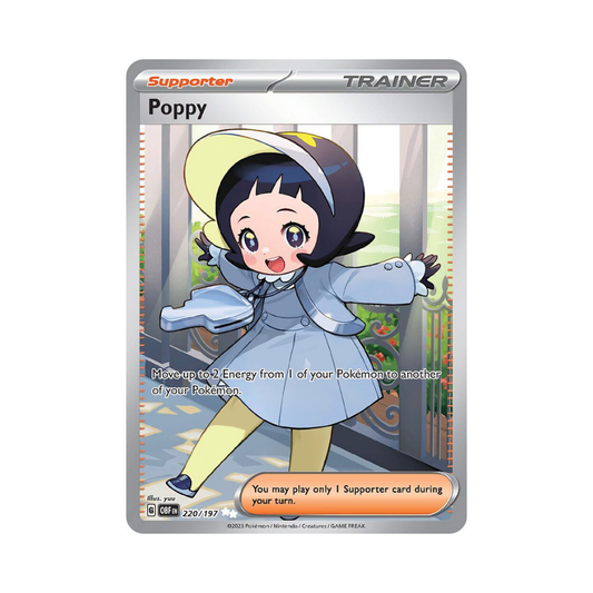 Trading card featuring a character named Poppy with a blue coat and yellow hat.