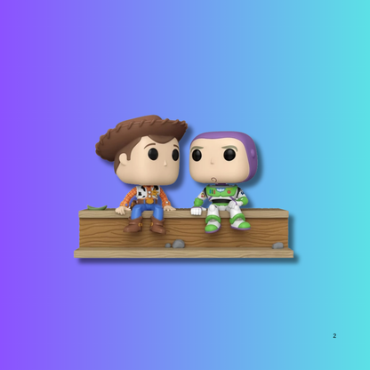 Two toy figures, one with a cowboy hat and the other with a purple helmet, sitting on a wooden block against a gradient blue and purple background.