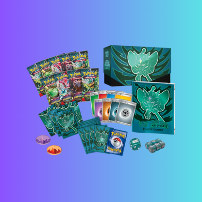 Pokémon trading card game items including cards, booster packs, and a box on a gradient background