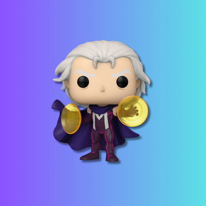 Funko Pop! vinyl figure with white hair and gold discs on a gradient blue and purple background