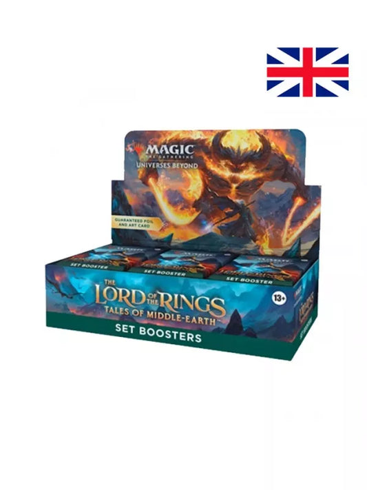 A box of Magic: The Gathering - The Lord of the Rings: Tales of Middle-earth Set Boosters, featuring images of fantasy characters and artwork indicative of the Middle-earth setting.