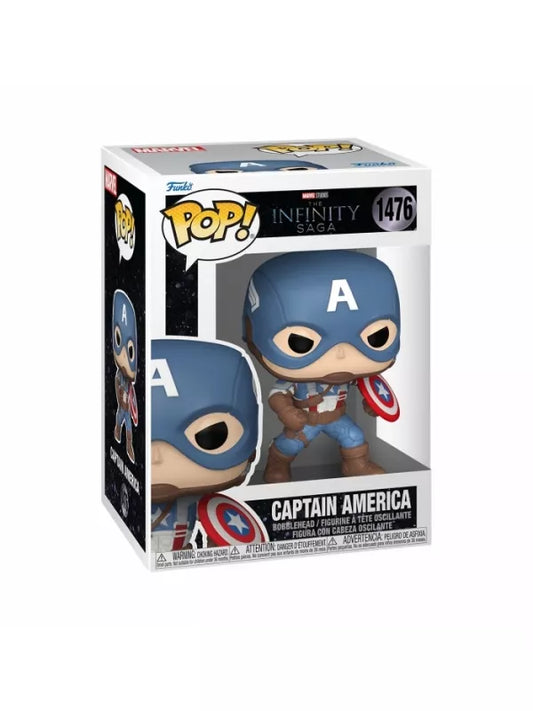 A Funko Pop! vinyl figure of Captain America from Marvel's The Infinity Saga, showing Cap in his iconic suit with a vibranium shield.