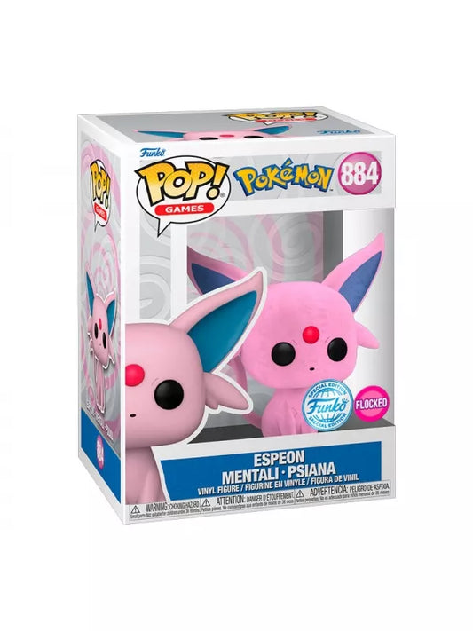 A Funko POP! Vinyl figure of Espeon from Pokémon, featuring a flocked texture, placed in a window display box.