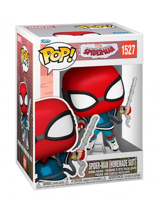 Funko Pop! Spider-Man figure in a red and blue suit with a sword, in packaging.
