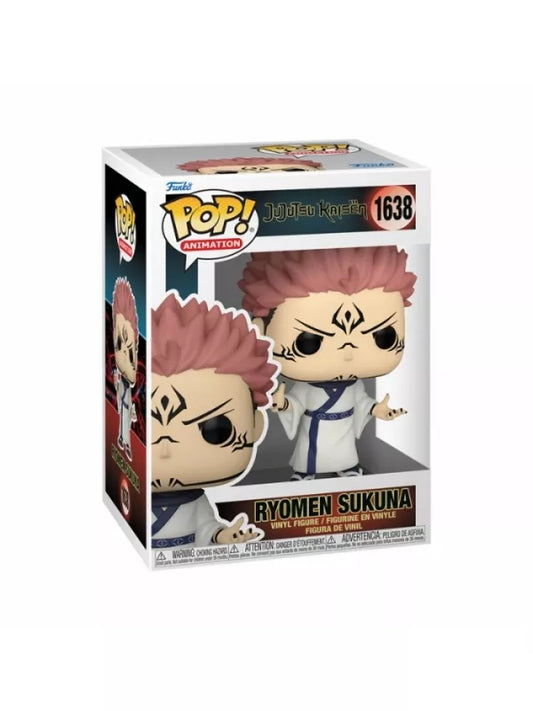 Funko Pop! Vinyl figure of Ryomen Sukuna from Jujutsu Kaisen, depicting the character with a menacing expression, wearing a traditional white and black outfit. The figure is packaged in a window box with the number 1638 visible.