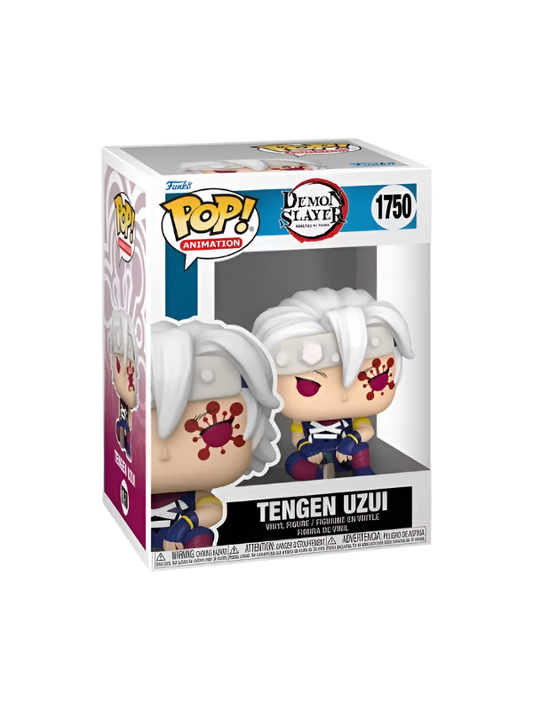 Funko Pop! Tengen Uzui #1750 vinyl figure from Demon Slayer: Kimetsu no Yaiba, depicting the character with a confident pose, wearing a white kimono with red patterns and a headband, holding two Nichirin cleavers.