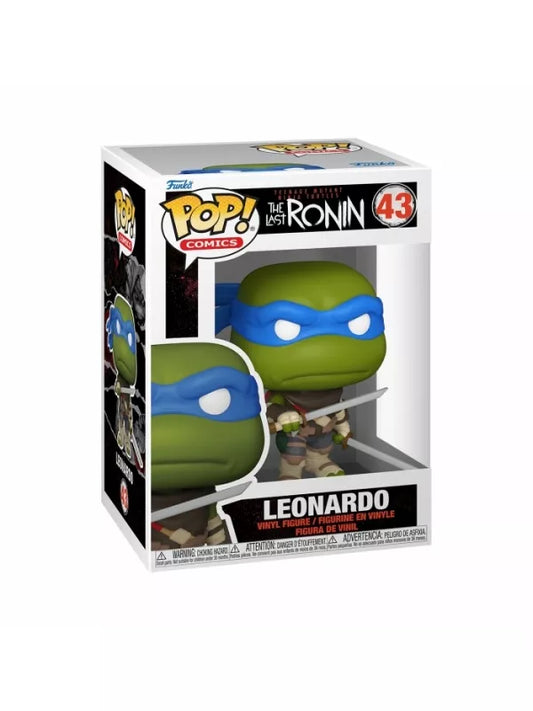 Funko POP! Leonardo #43 vinyl figure from Teenage Mutant Ninja Turtles: The Last Ronin, showing Leonardo with blue eyes and green mask, holding twin katanas, packaged in a collector-friendly window box.