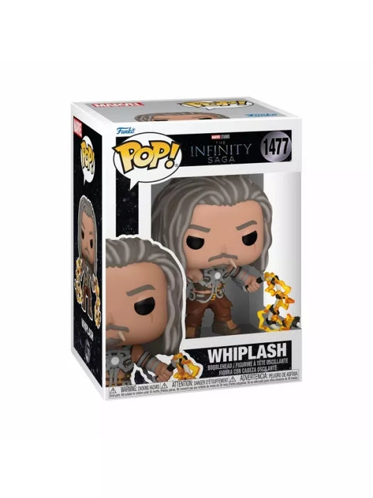 Funko POP! Whiplash vinyl figure from Marvel's The Infinity Saga in a window box packaging.