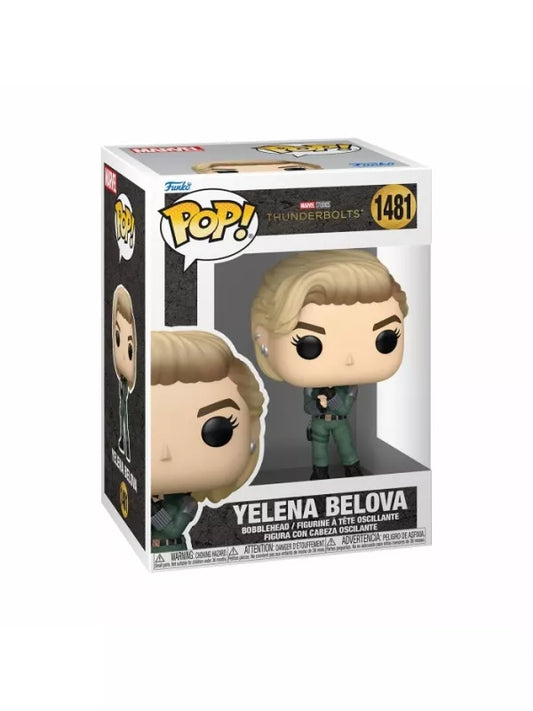 Funko Pop! Vinyl figure of Yelena Belova from Marvel's Thunderbolts in a window display box, featuring the character with blonde hair and dressed in a white suit.
