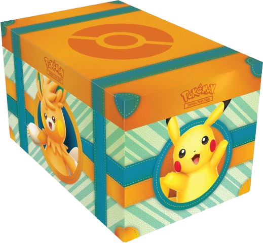 A colorful chest from Pokémon TCG featuring images of Pikachu and other Pokémon characters, with compartments and a hasp closure.
