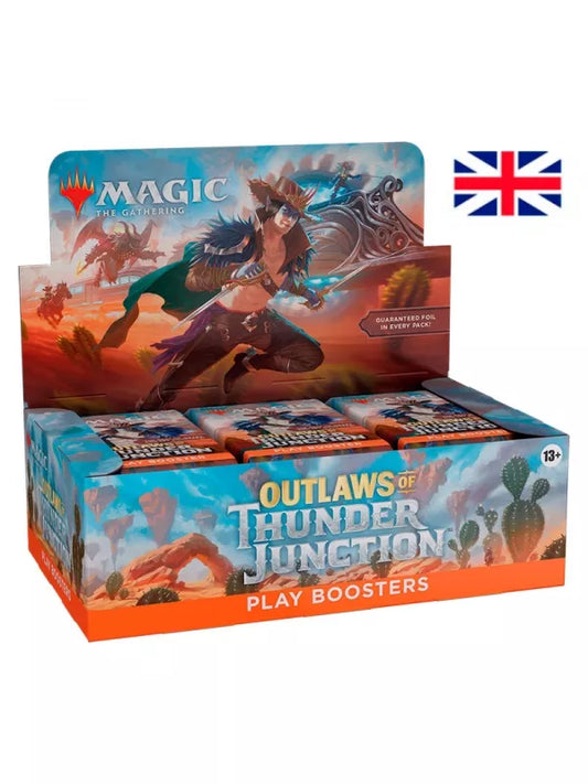 A box of Magic: The Gathering Outlaws of Thunder Junction Play Booster Display featuring 36 packs with English text, adorned with illustrations of characters and western-themed artwork.