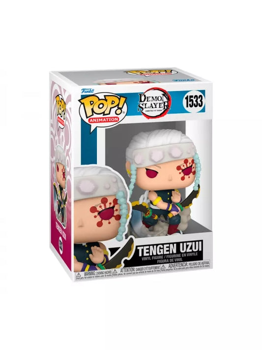 A Funko Pop! vinyl figure of Tengen Uzui from Demon Slayer, wearing his white hair and holding his dual Nichirin blades, packaged in a window display box.
